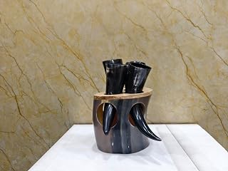 Merco Enterprises Original Handcrafted Viking Drinking Horn Mug Set Authentic Ox Horn Tankard for Beer, Mead, Ale Medieval Norse Stein with Stand & 4 Shot Glasses Food Safe & Handmade Gift for Men