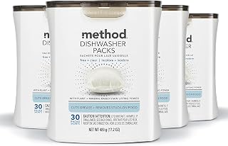 Method Dishwasher Detergent Packs, Fragrance Free + Clear, Dishwashing Rinse Aid to Lift Tough Grease and Stains, 30 Dishwasher Tabs per Package, (Pack of 4)