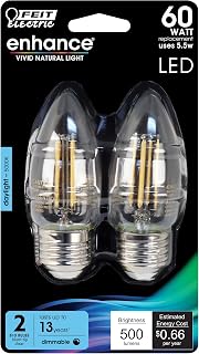 Feit Electric B10 Enhance LED Light Bulb, 60W Eq, Daylight White, 2 Pack