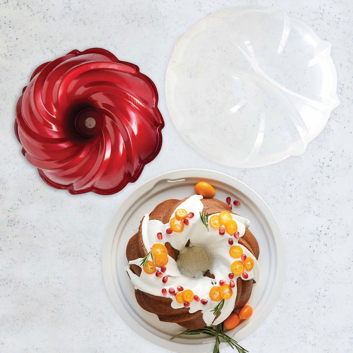 Holiday Formed Swirl Bundt with Cake Keeper | Red by Nordic Ware – 10 cup, BPA & Melanie free plastic, Red, Model 52025