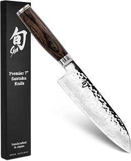 Shun Premier 7" Santoku Knife, Handcrafted and Hand-Sharpened Japanese All Purpose Knife, VG-MAX Core with Damascus Stainless Steel Cladding, Pakkawood Handle, Versatile Japanese Cutting Tool