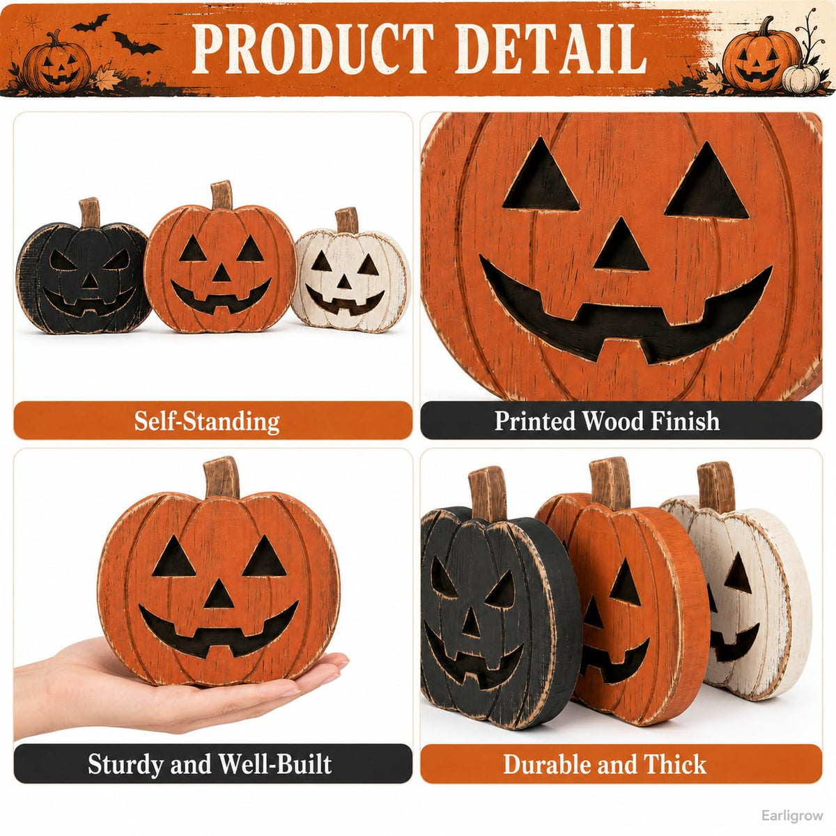 Earligrow Wood Pumpkin Set, Distressed Finish, Black and Orange