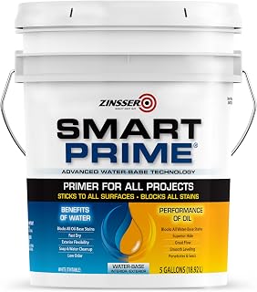 Zinsser Smart Prime Water-Based Primer, 5 Gallon | 5 Gallon primer-sealer. Blocks stains & seals surfaces with superior adhesion for interior/exterior wood, drywall & metal.