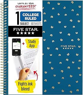 Five Star Spiral Notebook + Study App, 1 Subject, College Ruled Paper, 8-1/2" x 11", 80 Sheets, 1 Count, Selected Design Will Vary (820156F)