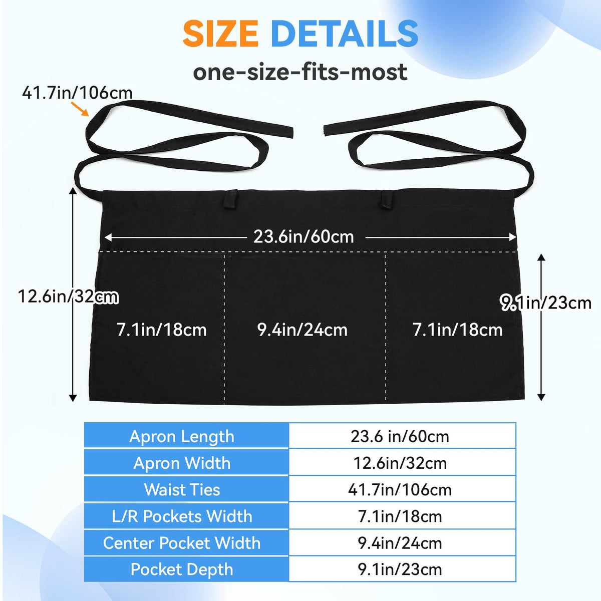 Server Aprons with 3 Pockets by LOHYILYE – 23.6"L x 12.6"W, Polyester, Black 1 Pack, Model Server Apron Classic