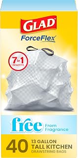 Glad ForceFlex Tall Kitchen Drawstring Trash Bags, 13 Gal, Fragrance Free, 40 Ct (Package May Vary)