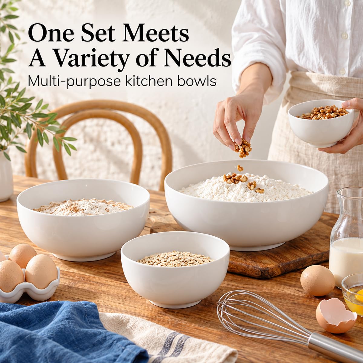 DOWAN Porcelain Serving Bowls, 90 39 26 10 Ounce Capacities, Soft White