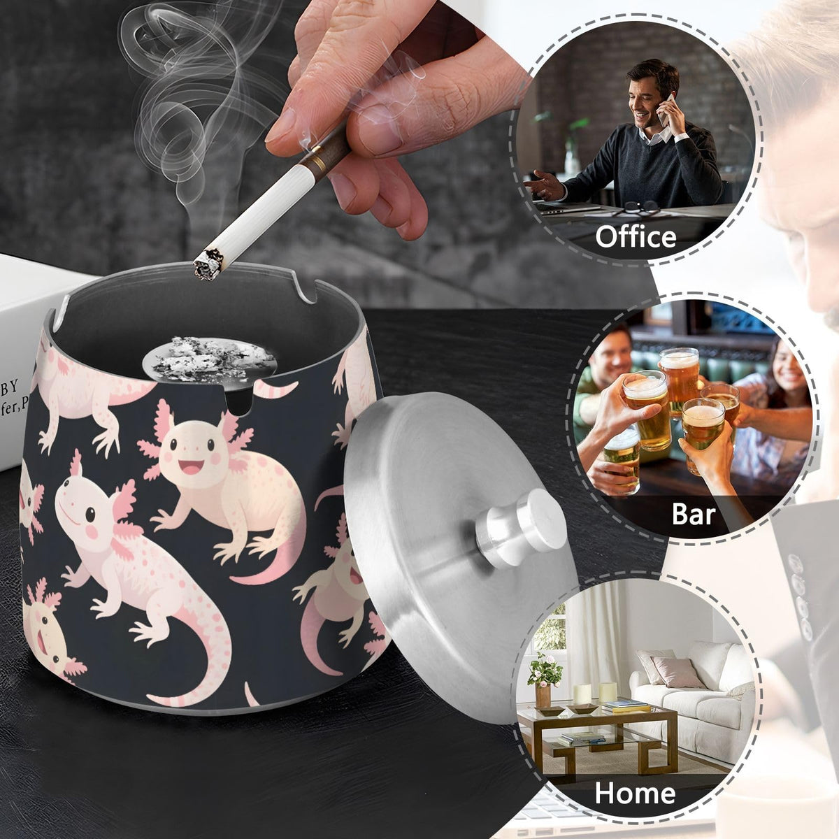 Axolotl Pattern Splash Ashtray with Lid by ALAZA – Stainless Steel, C2999, Model g541061958p1082c1149s2657