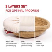 KneadAce Cotton Rope Bread Proofing Basket Set, Oval and Round with Liners and Covers, Grey and Beige