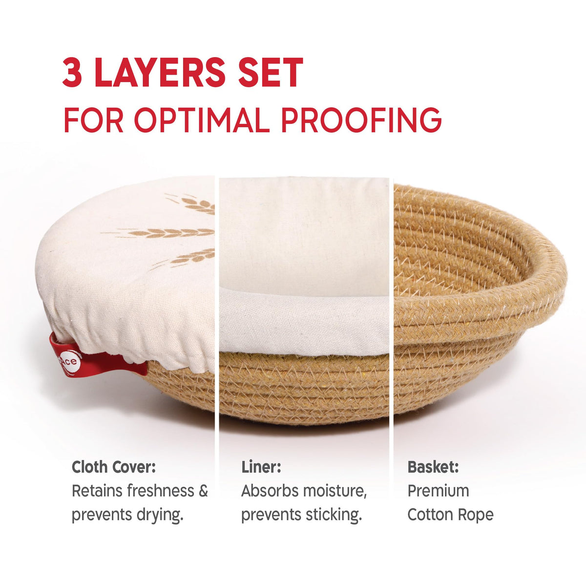 KneadAce Cotton Rope Bread Proofing Basket Set, Oval and Round with Liners and Covers, Grey and Beige