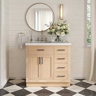ARIEL Hepburn 36-inch Bathroom Vanity with Sink,Solid Wood, 1.5-inch Pure White Quartz Countertop, Single Rectangular Porcelain Sink, 2 Soft Closing Doors, 5 Dovetail Drawers, White Oak