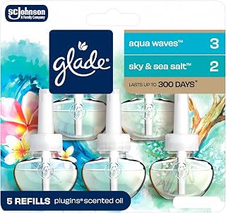 Glade PlugIns Refills Air Freshener, Aqua Waves and Sky & Sea Salt, Scented and Essential Oils for Home and Bathroom, 0.67 Fl Oz, 5 Count