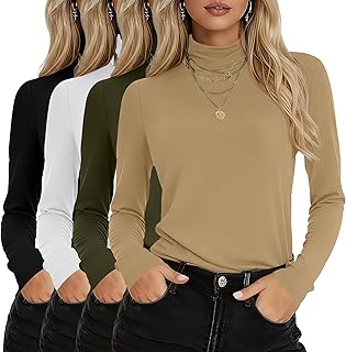 4 Pack Womens Cotton Turtleneck Tops Long Sleeve Shirt
