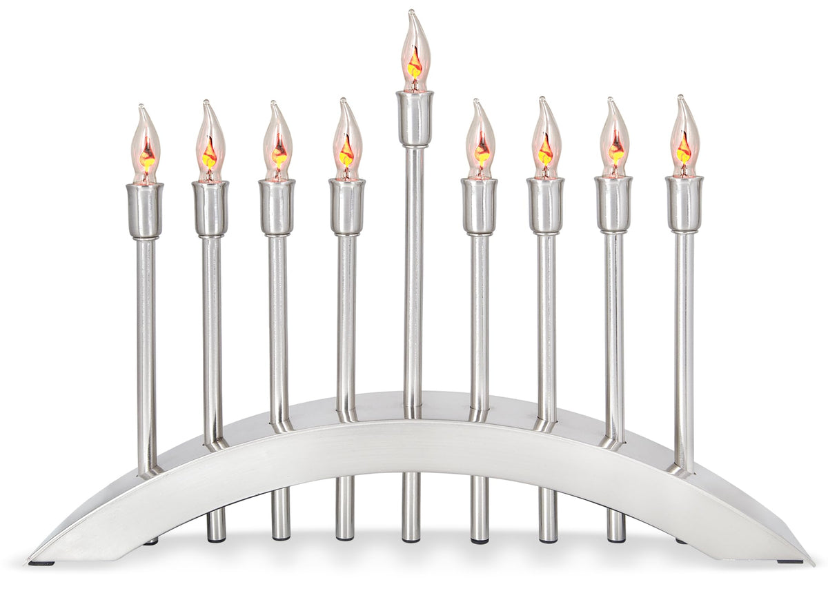 Aviv Judaica Electric Menorah, Brushed Stainless Steel, 9 Flickering Bulbs