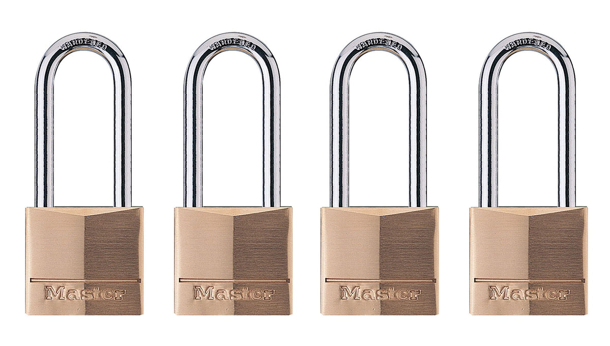 Master Lock 4 Pack / Extra Long Shackle / Brass, Silver Keyed Padlocks