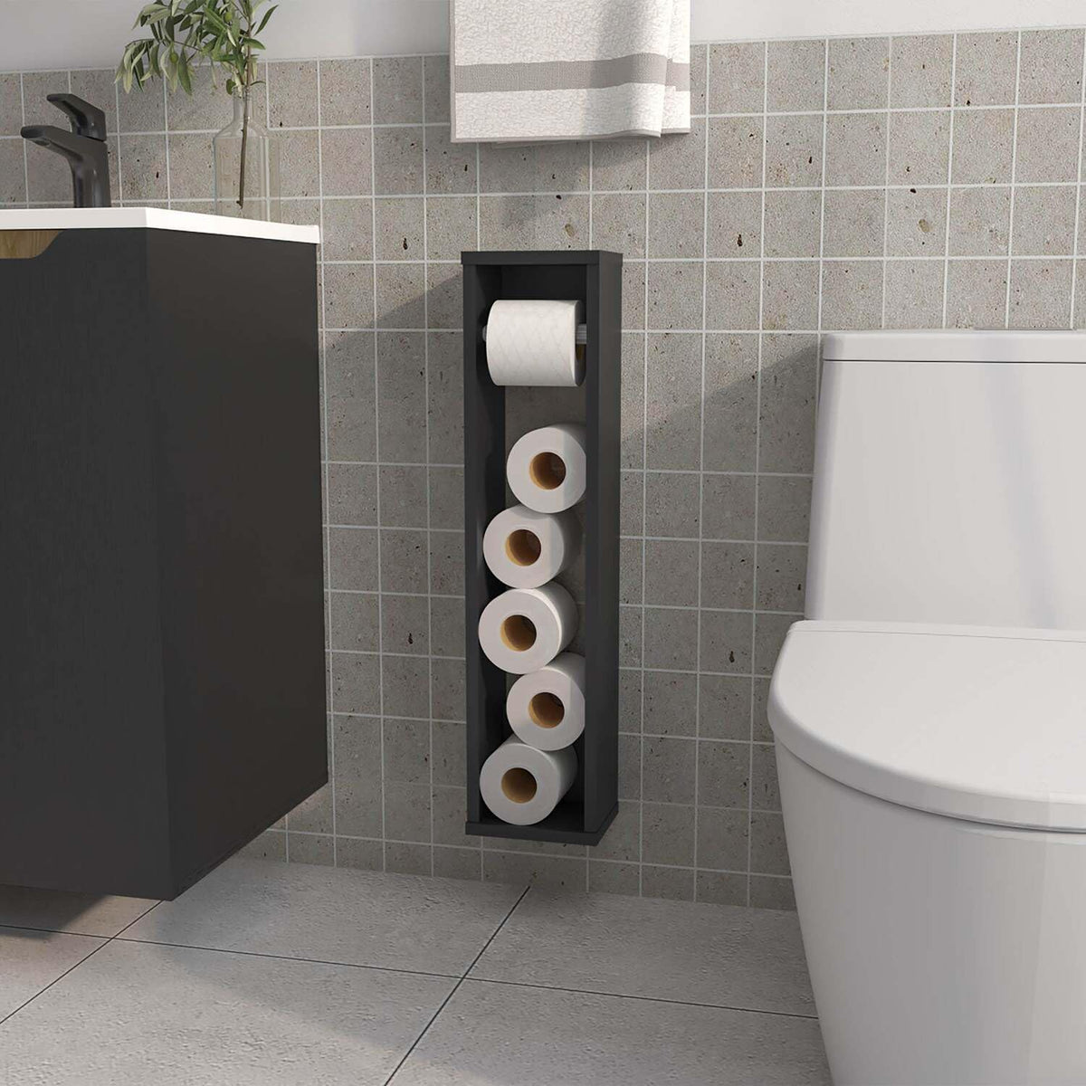 Freestanding Toilet Paper Holder Stand - Black Bathroom Dispenser by HomeStock – Model FM11031MLW-1335
