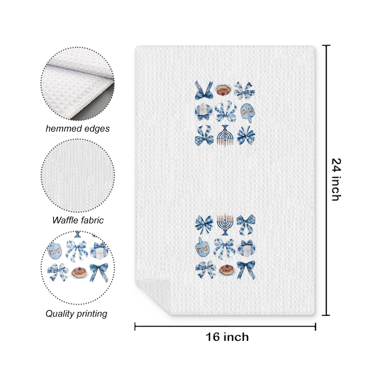 Fuasei Hanukkah Dish Towels, Blue Bow Design, 16 x 24 Inch