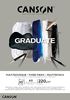 Canson Graduate Mixed Media 200gsm A5 Paper, Double Sided: Grained and Smooth, Pad Glued Short Side, 30 Grey Sheets, Ideal for Student Artists