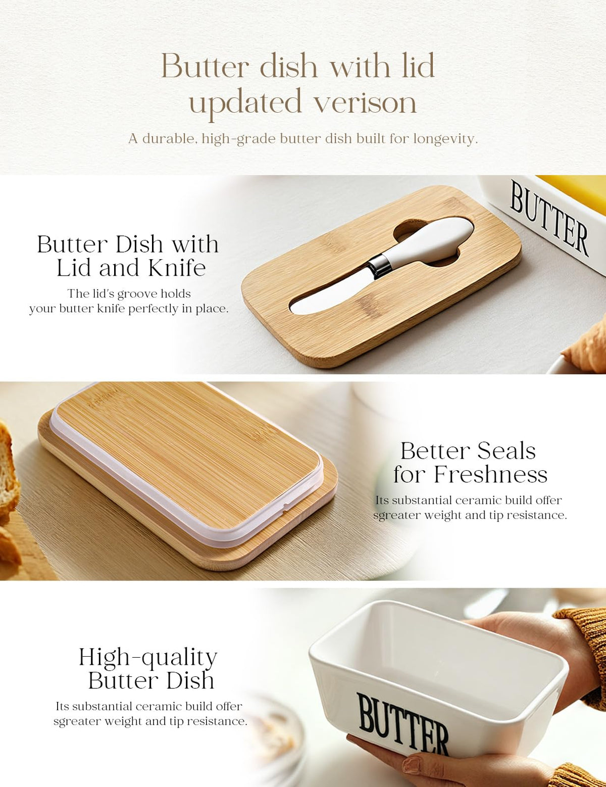 Aisbugur Ceramic Butter Dish with Knife, White, 1 Pack