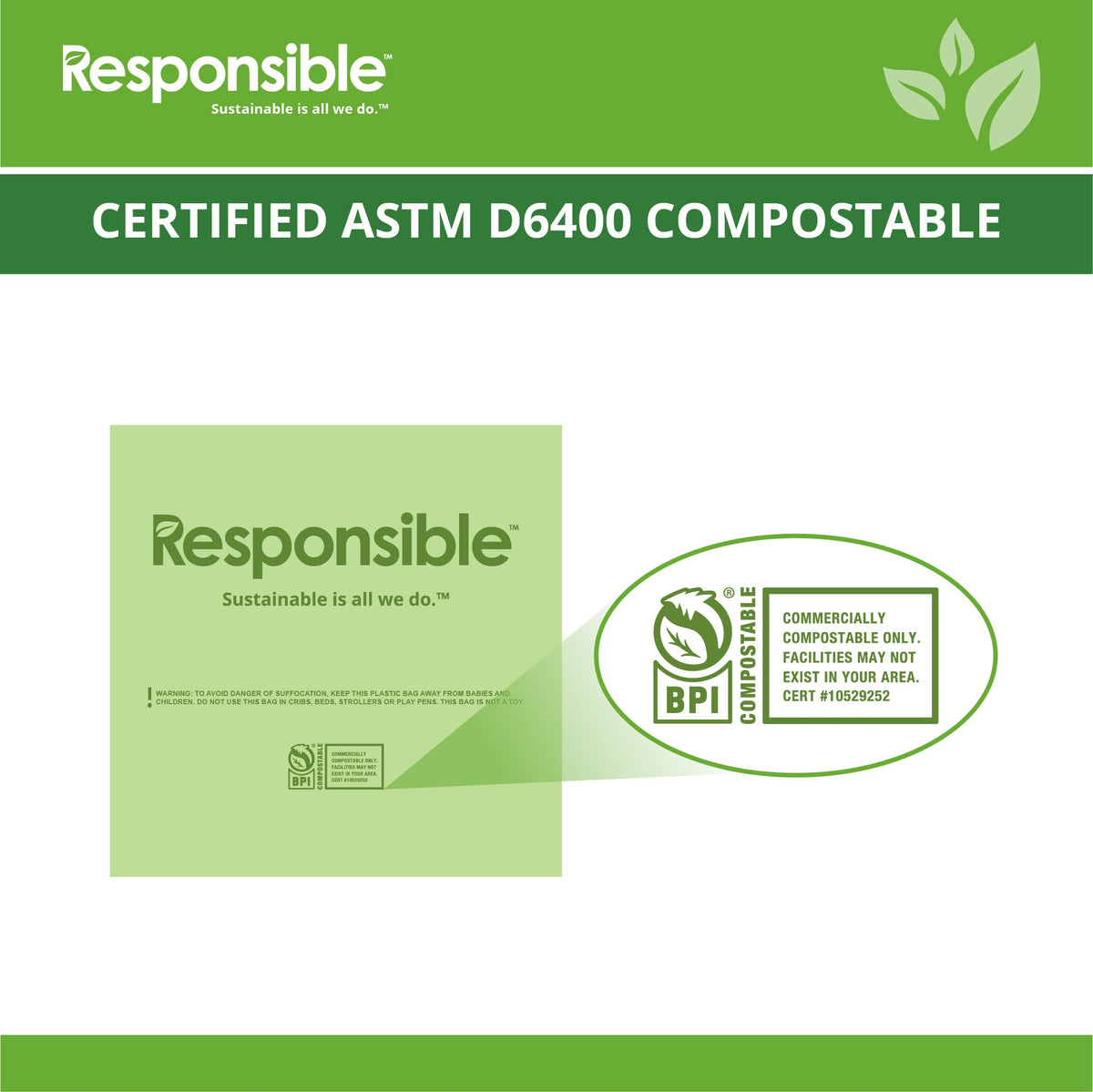 Compostable Tall Kitchen Trash Bags 33 Gallon - Heavy Duty Multipurpose Bin Liners for Food Scraps by Responsible Products – Pack of 360