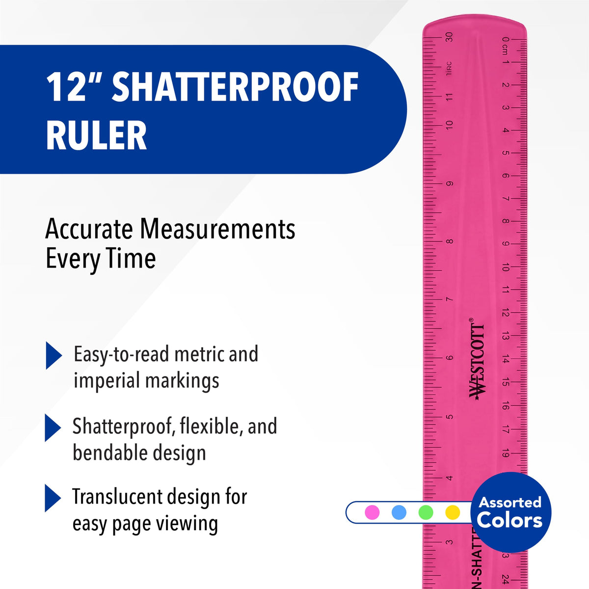 Shatterproof Ruler by Westcott – Single, Plastic, Assorted, Model 14381