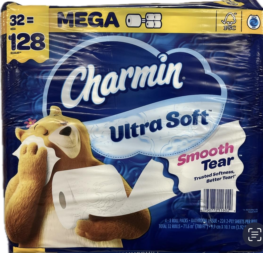 Ultra Soft Smooth Tear Toilet Paper by Charmin – 32 rolls of 224 sheets each, Paper, Yellow/Blue, Pack of 32, Model 313712