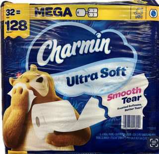 Ultra Soft Smooth Tear Toilet Paper by Charmin – 32 rolls of 224 sheets each, Paper, Yellow/Blue, Pack of 32, Model 313712