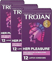 TROJAN Her Pleasure Latex Lubricated Condoms, Ribbed for Stimulating Experience, Bulbous Shape for Roomier Fit,Helps Reduce Risk of Pregnancy Sexually Transmitted Infections (STIs),12 Count(Pack of 3)