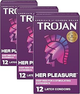 TROJAN Her Pleasure Latex Lubricated Condoms, Ribbed for Stimulating Experience, Bulbous Shape for Roomier Fit,Helps Reduce Risk of Pregnancy Sexually Transmitted Infections (STIs),12 Count(Pack of 3)