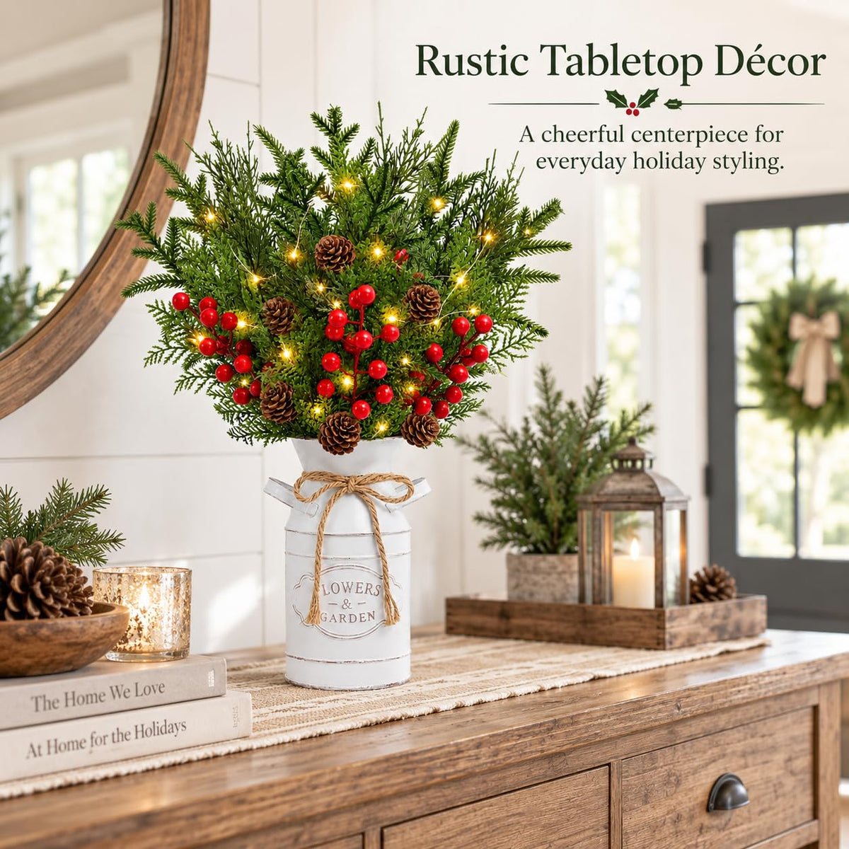 KIVIVO Christmas Centerpiece, Metal Pot with Norfolk Pine Stems, Red