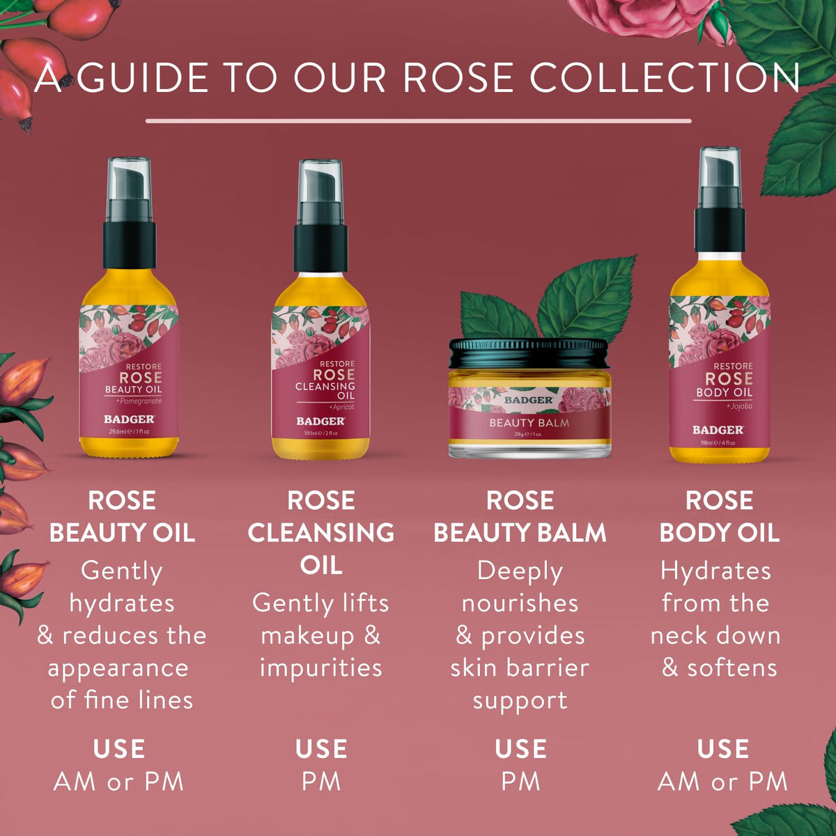 Rose Cleansing Oil & Rose Face Oil - USDA Organic Cleansing & Moisturizing in Glass Bottles by Badger – Commercial Grade