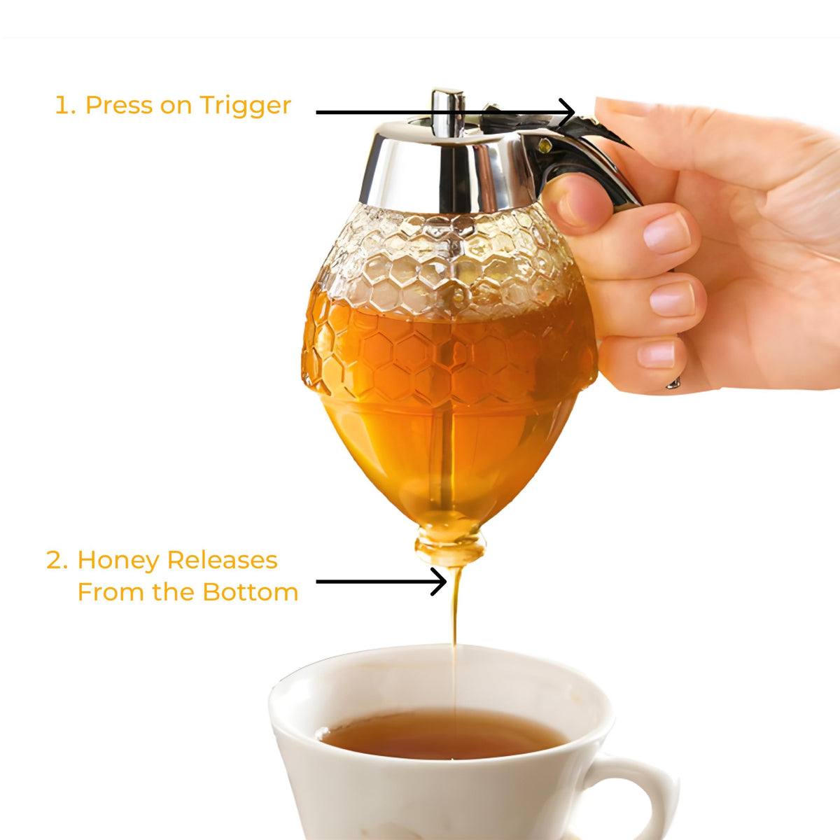 Hunnibi Honey Dispenser, 8 Oz Glass With Plastic Top, Honeycomb Design