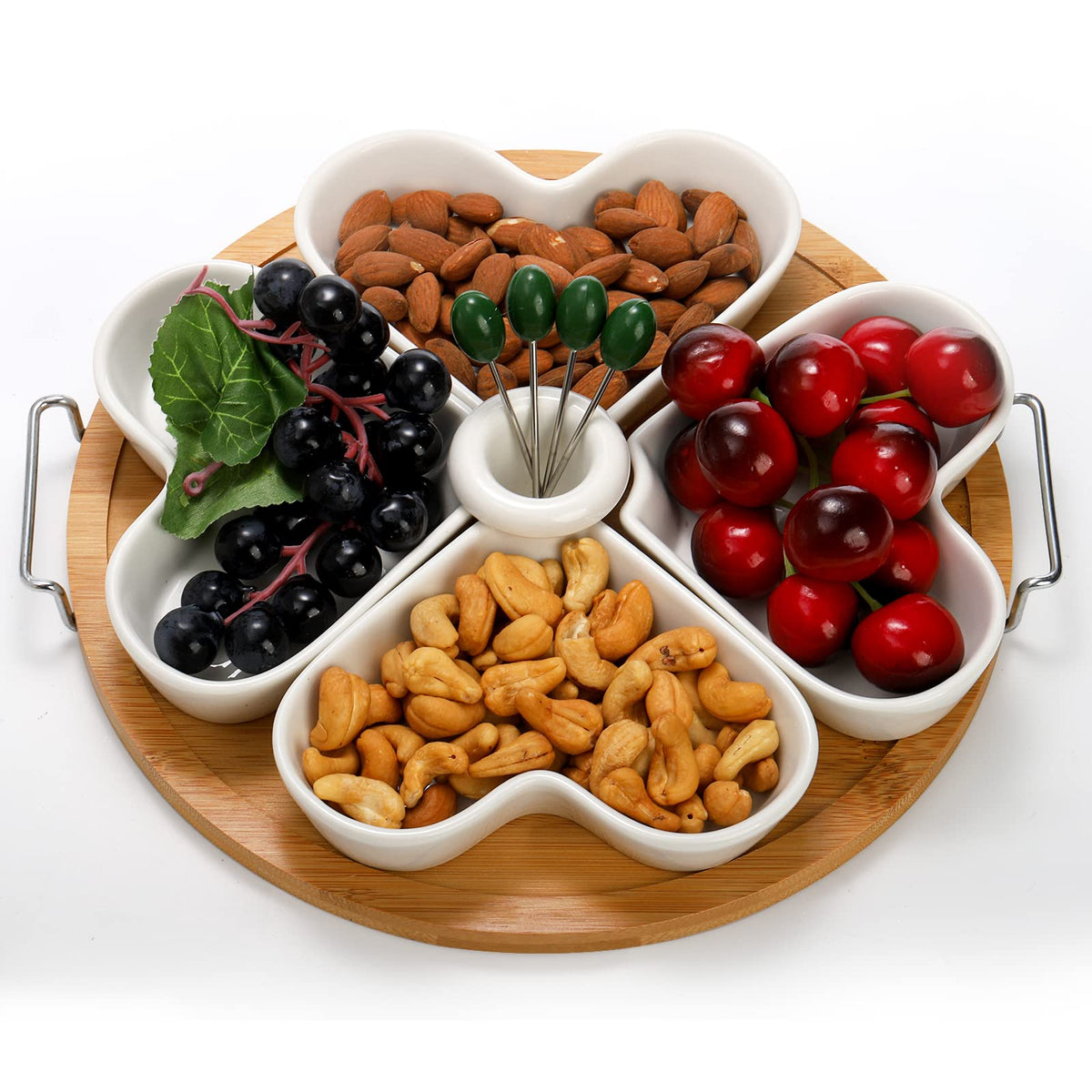 ZEAYEA Ceramic Divided Serving Tray with Picks, 11 Inch, White
