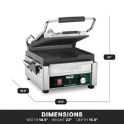 Panini Press with 9.75" x 9.25" Cooking Surface & 120V by Waring – Compact Cooking Surface Machines, Stainless Steel, Silver, Model WPG150