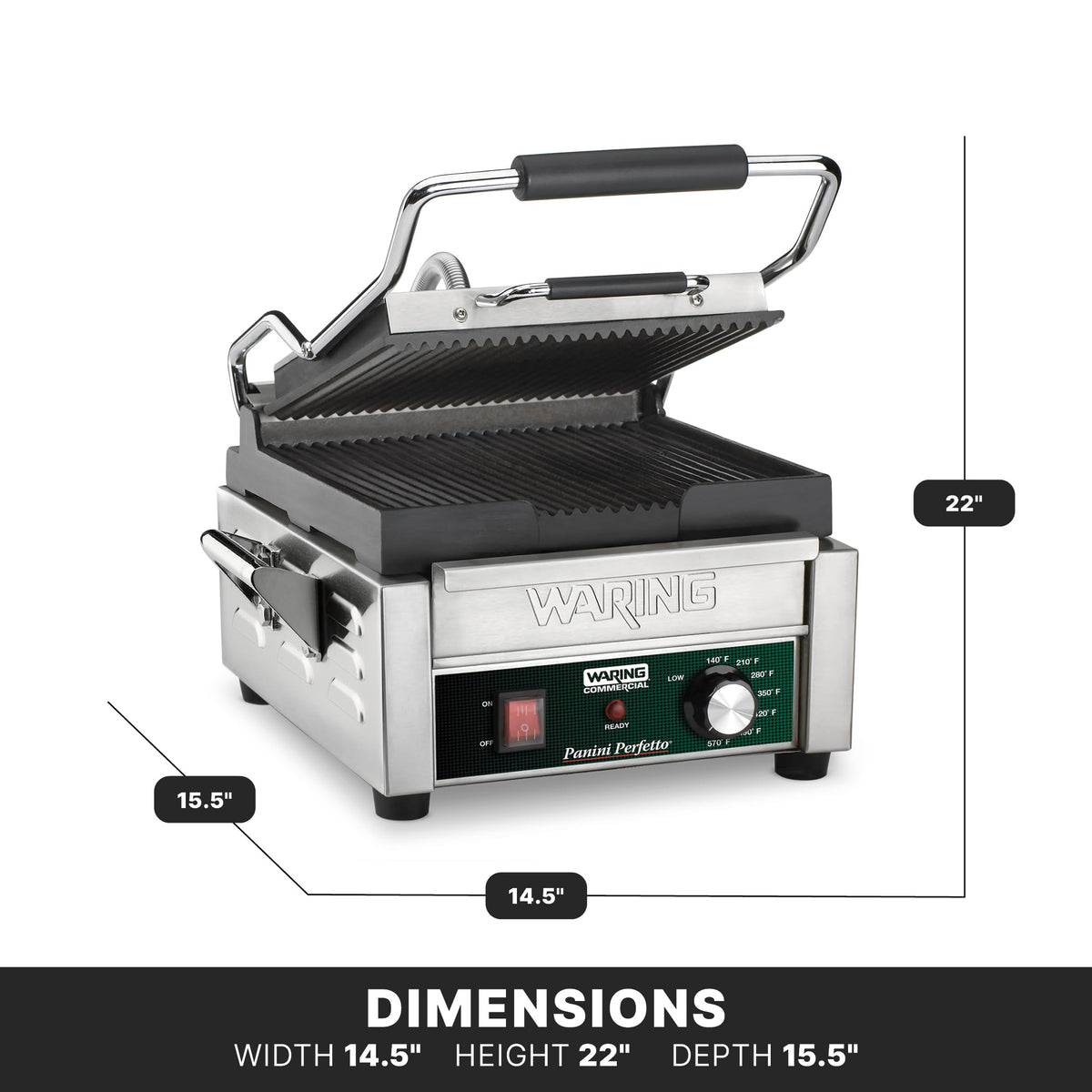 Panini Press with 9.75" x 9.25" Cooking Surface & 120V by Waring – Compact Cooking Surface Machines, Stainless Steel, Silver, Model WPG150