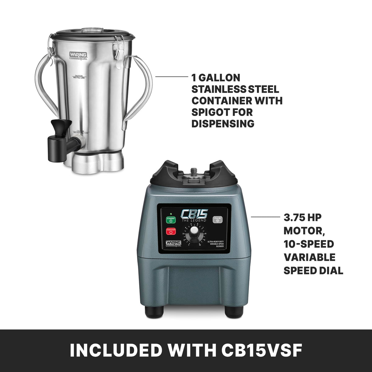 Waring Variable Speed w/Control Dial / Stainless Steel Jar CB15VSF / 1-Gallon Countertop Blenders