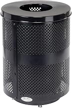 Global Industrial Outdoor Perforated Steel Trash Can, Flat Lid, Raised Base | Plastic Liner, 36 Gallon Capacity, Black, Commercial Trash Can, 23-1/2" Diameter, 33"H