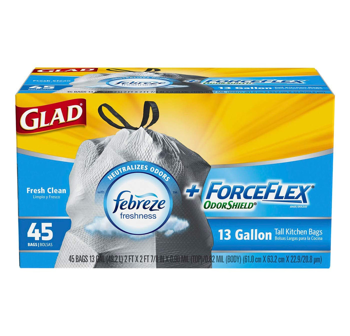 Odor Shield Force Flex Tall Drawstring Garbage Bags 45 ct (2 Pack) by Glad – 45 Count (Pack of 2), 13.0 gallons, Plastic, Pack of 48