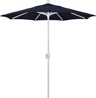 California Umbrella 7.5' Round Aluminum Market Umbrella, Crank Lift, Push Button Tilt, White Pole, Pacifica Navy Blue