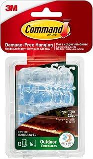 Command Outdoor Rope Light Clips,12 Hooks &16 Strips,Damage Free Hanging Christmas Decorations with Weather Resistant Strips,Wall Clips for Hanging Outdoor Lights&Cable Management(Pack of 12)