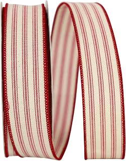 Reliant Ribbon Ticking Linen Stripe Wired Edge Ribbon, 1-1/2 Inch X 20 Yards, Red