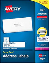 Avery Easy Peel Printable Address Labels with Sure Feed®, 1" x 4", White, 2,000 Blank Mailing Labels for Laser Printers (5161)