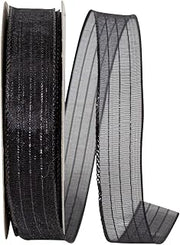 Reliant Ribbon Ribbon - Metallic Organza Stripe, Black, 5/8 Inch, 25 Yards