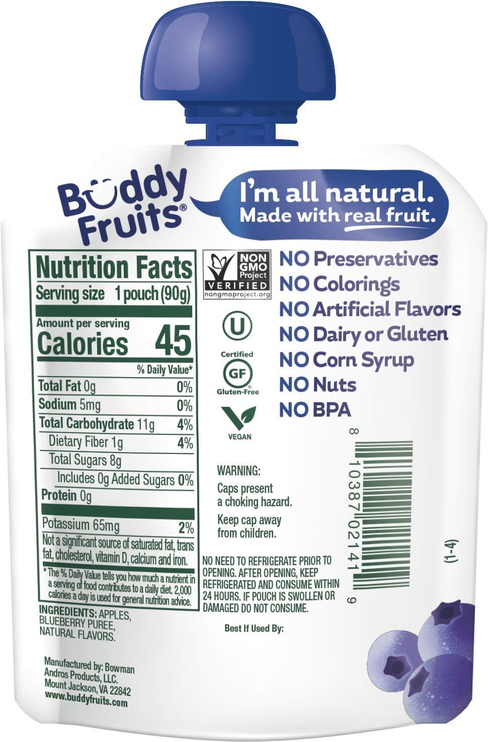 Buddy Fruits Blueberry / 3.2 Ounce (Pack of 18) / 1 Applesauce