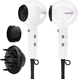 Conair Cake Pop Hair Dryer, Blow Dryer w/Diffuser & Concentrator, White | 1875W powerful ionic hairdryer for fast drying, hair diffuser for curly hair & concentrator, 3 heat settings, salon quality