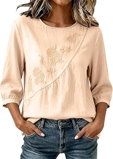 Cotton Linen Tops for Women 3/4 Sleeve Tunic Blouses