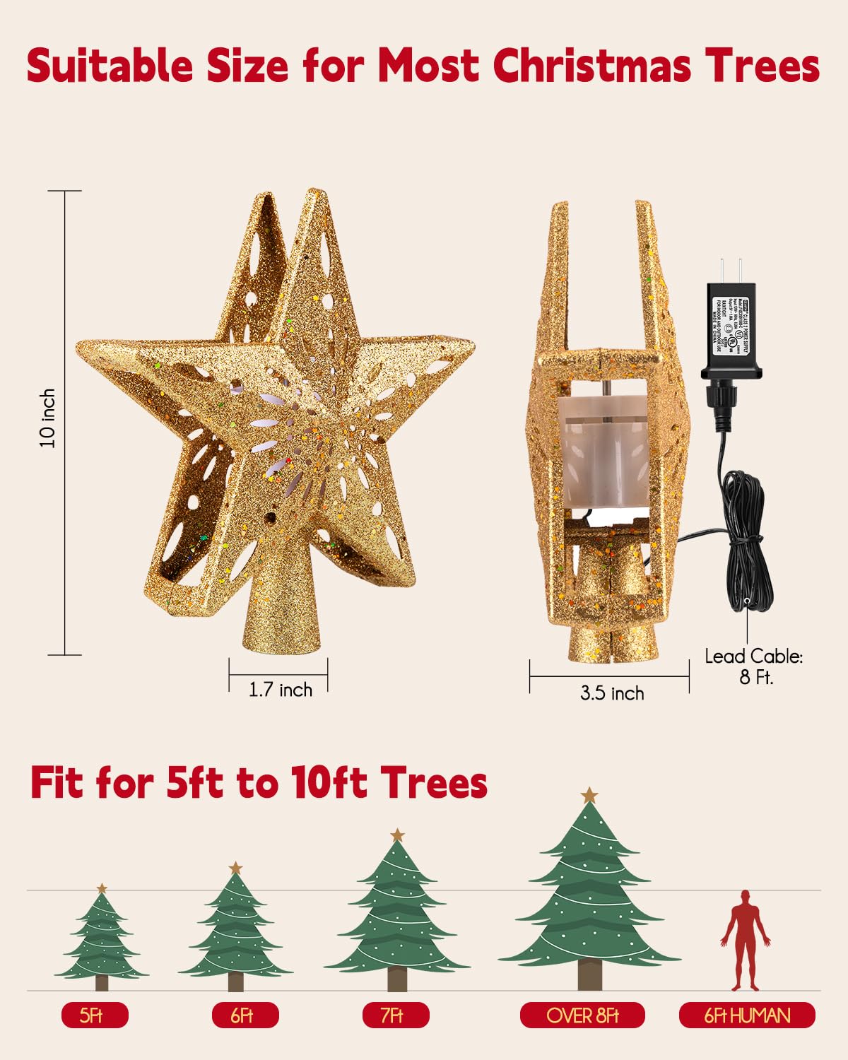 Brightown Lighted Star Tree Topper, 10 Inch Golden with Snowflake Projector