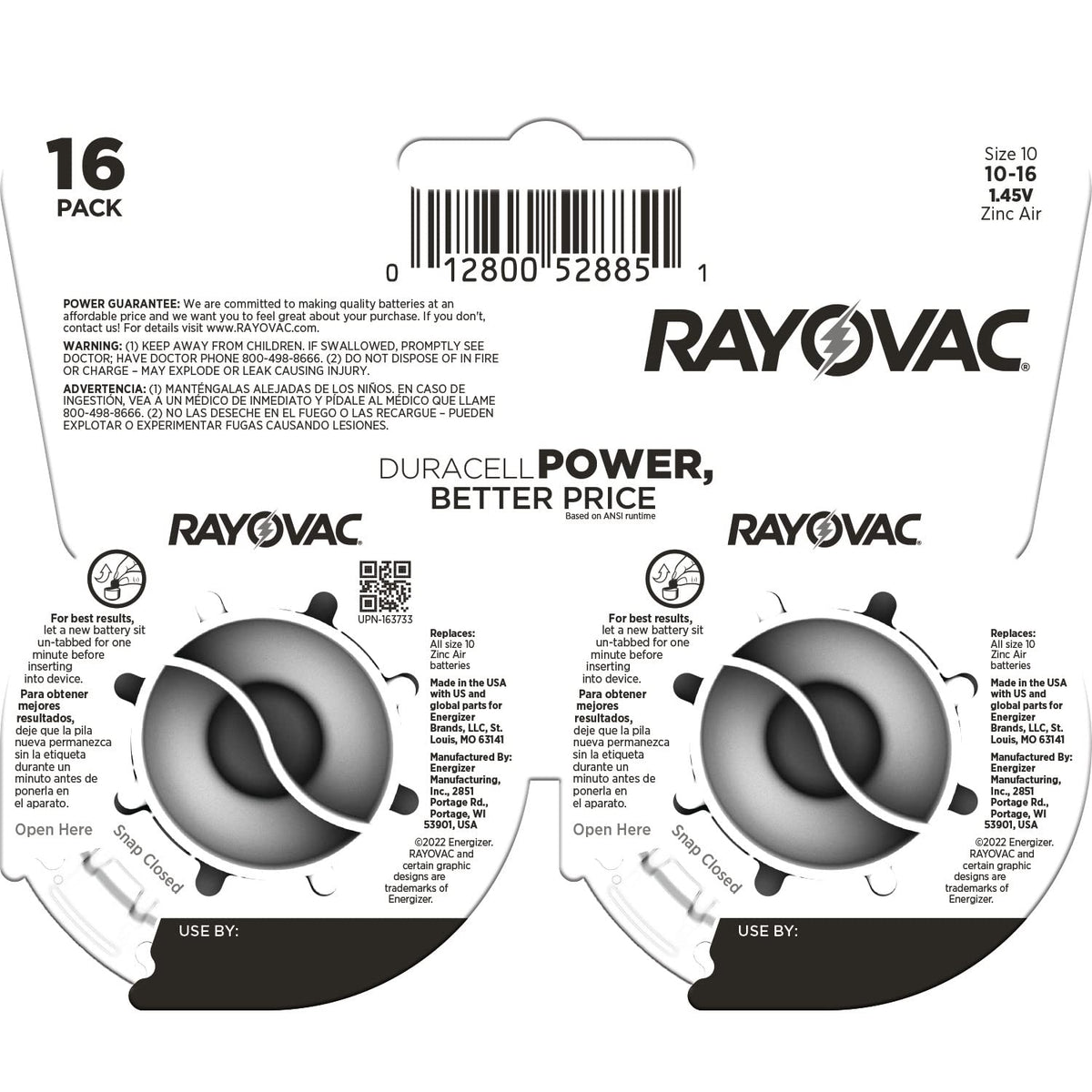 Size 10 Hearing Aid Batteries (16 Pack) by Rayovac – 16 Count, Plastic, Yellow Tab, Model 10-16