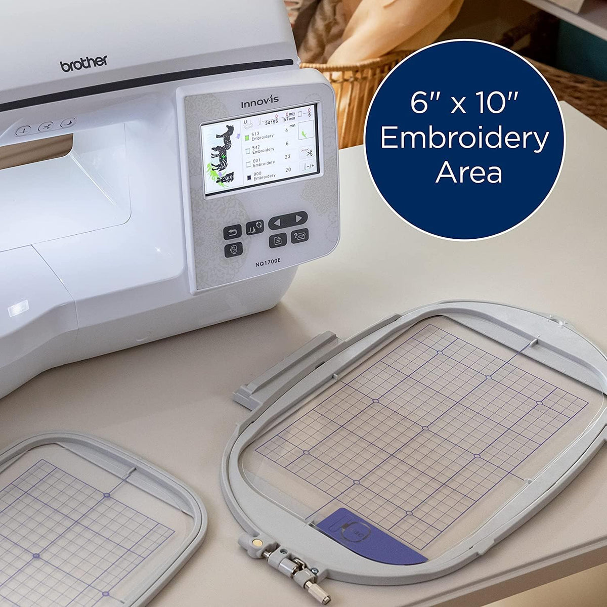 Inno-vis Embroidery Machine With BES Blue Software by Brother – 16"x27"x11", Metal, White, Model NQ1700E