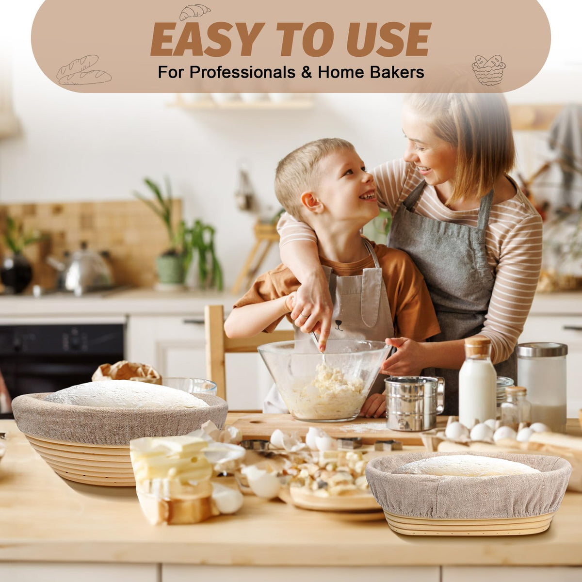 EWFEN Bread Proofing Basket Set, 9 Inch Round and 10 Inch Oval, 9 Piece Kit, Natural